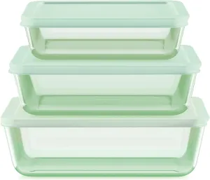 Pyrex Year of Color (3-Pack) Tinted Rectangular Glass Food Storage Containers Set, (3, 6 & 11 Cup) Meal Prep Containers With BPA-Free Lids, Dishwasher & Microwave Safe, Green
