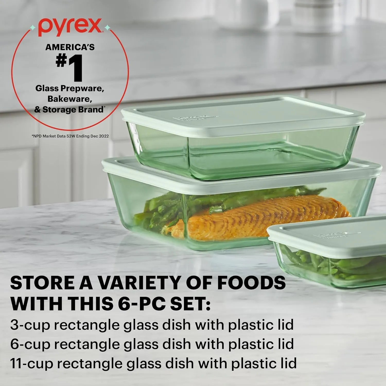 Pyrex Year of Color (3-Pack) Tinted Rectangular Glass Food Storage Containers Set, (3, 6 & 11 Cup) Meal Prep Containers With BPA-Free Lids, Dishwasher & Microwave Safe, Green