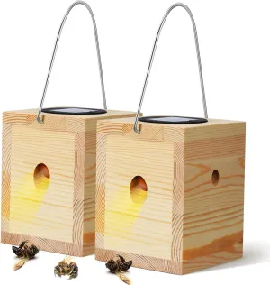 Qualirey 2 Pack Wood Carpenter Bee Traps with Solar Lights, Wasp Traps Outdoor Hanging Hornet Traps Effective Boring Hornet Trap for Outdoor Gardens Patios, 4.1'' W x 4.8'' H x 5.9'' D
