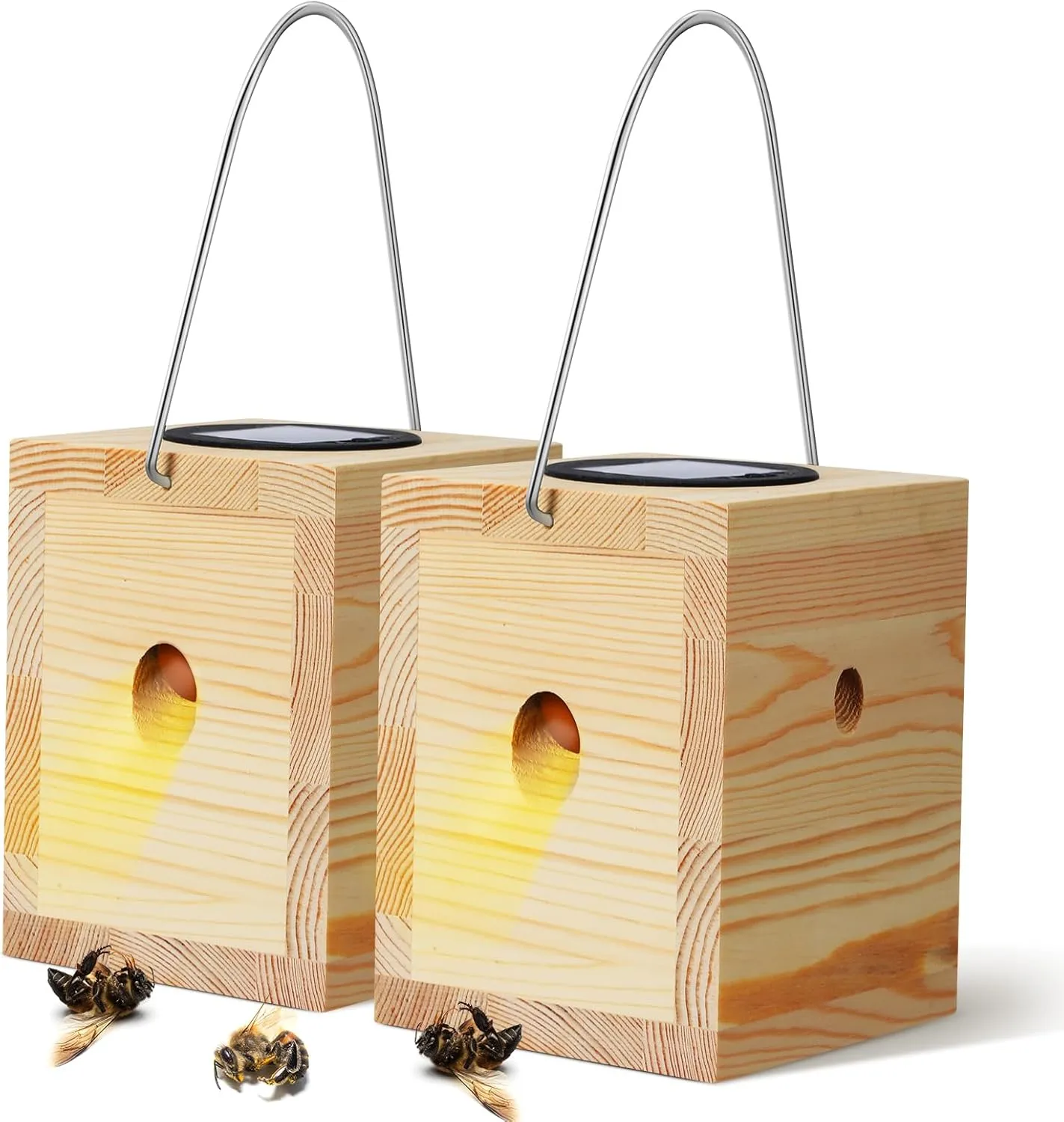 Qualirey 2 Pack Wood Carpenter Bee Traps with Solar Lights, Wasp Traps Outdoor Hanging Hornet Traps Effective Boring Hornet Trap for Outdoor Gardens Patios, 4.1'' W x 4.8'' H x 5.9'' D