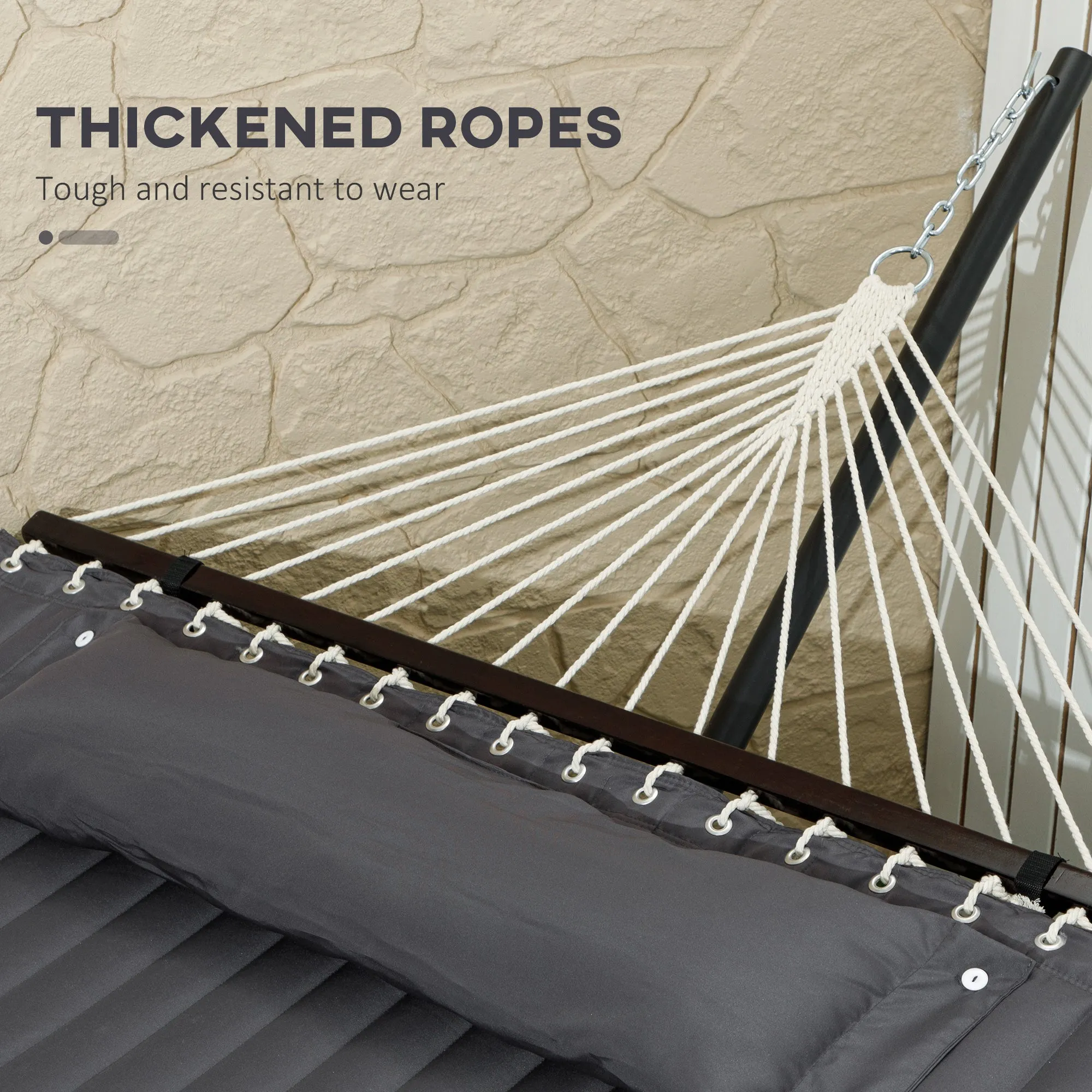 Quilted Double Hammock with Stand and Pillow, Heavy Duty 2 Person Hammock with Spreader Bars, Cotton Rope Hammock for Outdoor Camping Beach, Dark Grey