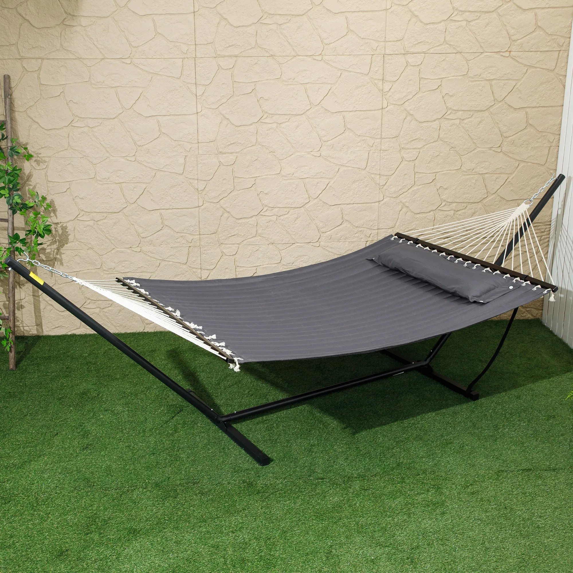 Quilted Double Hammock with Stand and Pillow, Heavy Duty 2 Person Hammock with Spreader Bars, Cotton Rope Hammock for Outdoor Camping Beach, Dark Grey