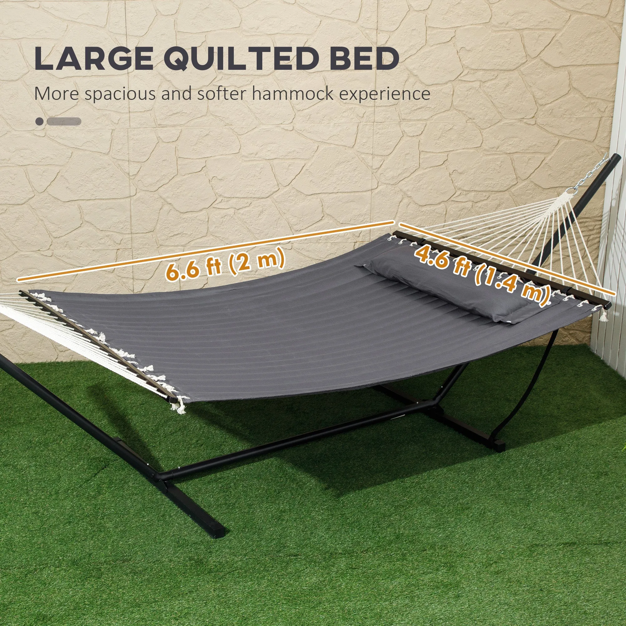 Quilted Double Hammock with Stand and Pillow, Heavy Duty 2 Person Hammock with Spreader Bars, Cotton Rope Hammock for Outdoor Camping Beach, Dark Grey