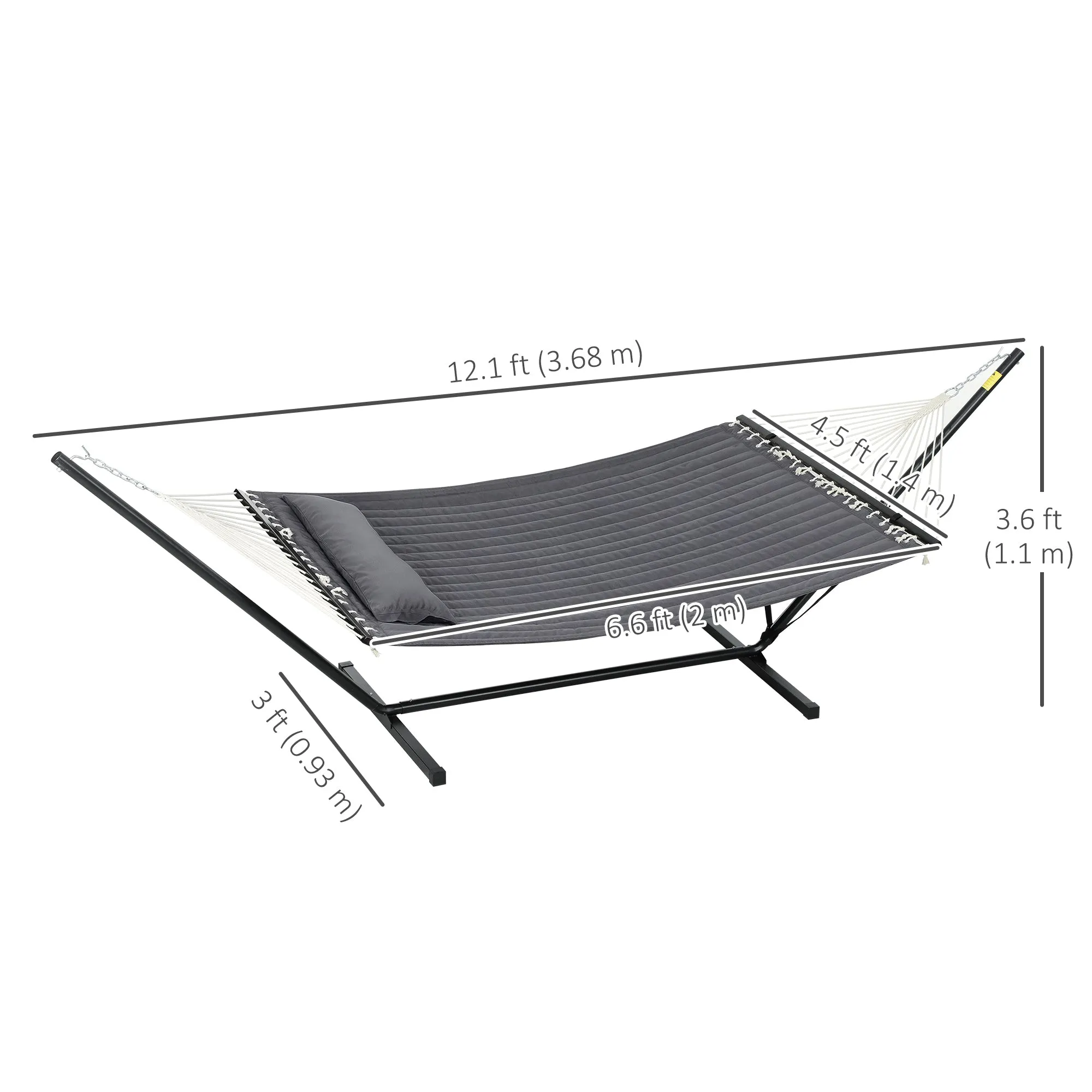 Quilted Double Hammock with Stand and Pillow, Heavy Duty 2 Person Hammock with Spreader Bars, Cotton Rope Hammock for Outdoor Camping Beach, Dark Grey