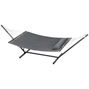 Quilted Double Hammock with Stand and Pillow, Heavy Duty 2 Person Hammock with Spreader Bars, Cotton Rope Hammock for Outdoor Camping Beach, Dark Grey