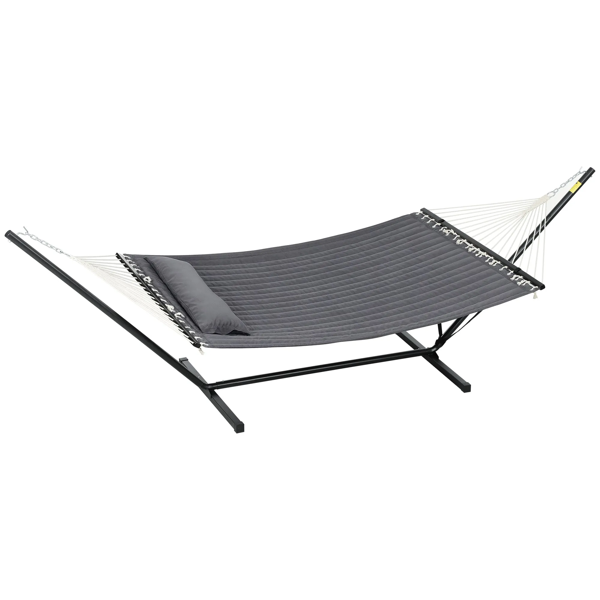 Quilted Double Hammock with Stand and Pillow, Heavy Duty 2 Person Hammock with Spreader Bars, Cotton Rope Hammock for Outdoor Camping Beach, Dark Grey