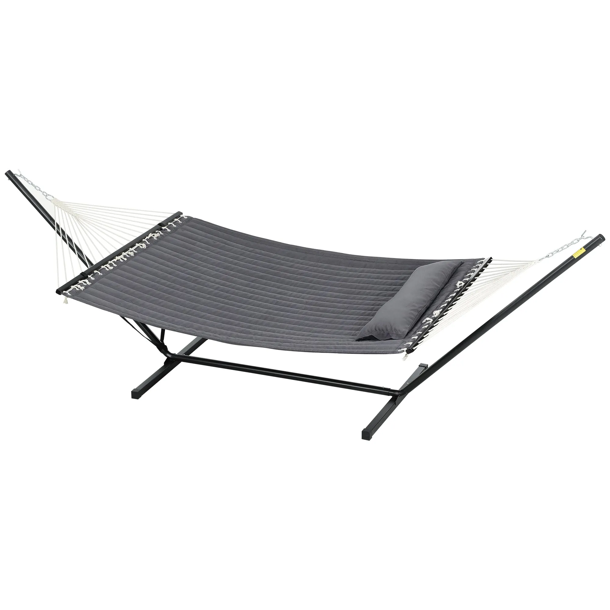 Quilted Double Hammock with Stand and Pillow, Heavy Duty 2 Person Hammock with Spreader Bars, Cotton Rope Hammock for Outdoor Camping Beach, Dark Grey