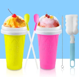 QwayHome 2PC Slushie Maker Cup,DIY Frozen Magic Slushy Cup,Double Layers Silica Smoothie Pinch Ice Cup,Quick Cooling Cup Homemade Milk Shake Ice Cream Maker (Yellow Pink)