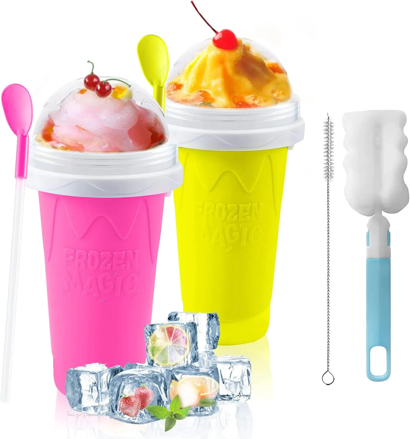 QwayHome 2PC Slushie Maker Cup,DIY Frozen Magic Slushy Cup,Double Layers Silica Smoothie Pinch Ice Cup,Quick Cooling Cup Homemade Milk Shake Ice Cream Maker (Yellow Pink)