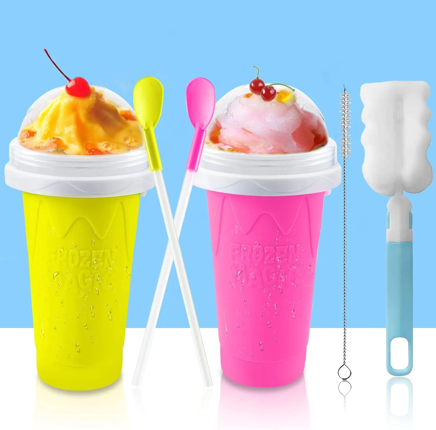 QwayHome 2PC Slushie Maker Cup,DIY Frozen Magic Slushy Cup,Double Layers Silica Smoothie Pinch Ice Cup,Quick Cooling Cup Homemade Milk Shake Ice Cream Maker (Yellow Pink)