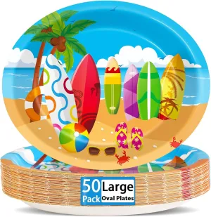Qyeahkj 50 PCS Summer Surfing Oval Paper Plates Large 11” Disposable Beach Theme Party Decorations Pool Birthday Supplies Favor for Hawaiian Luau Tableware Set