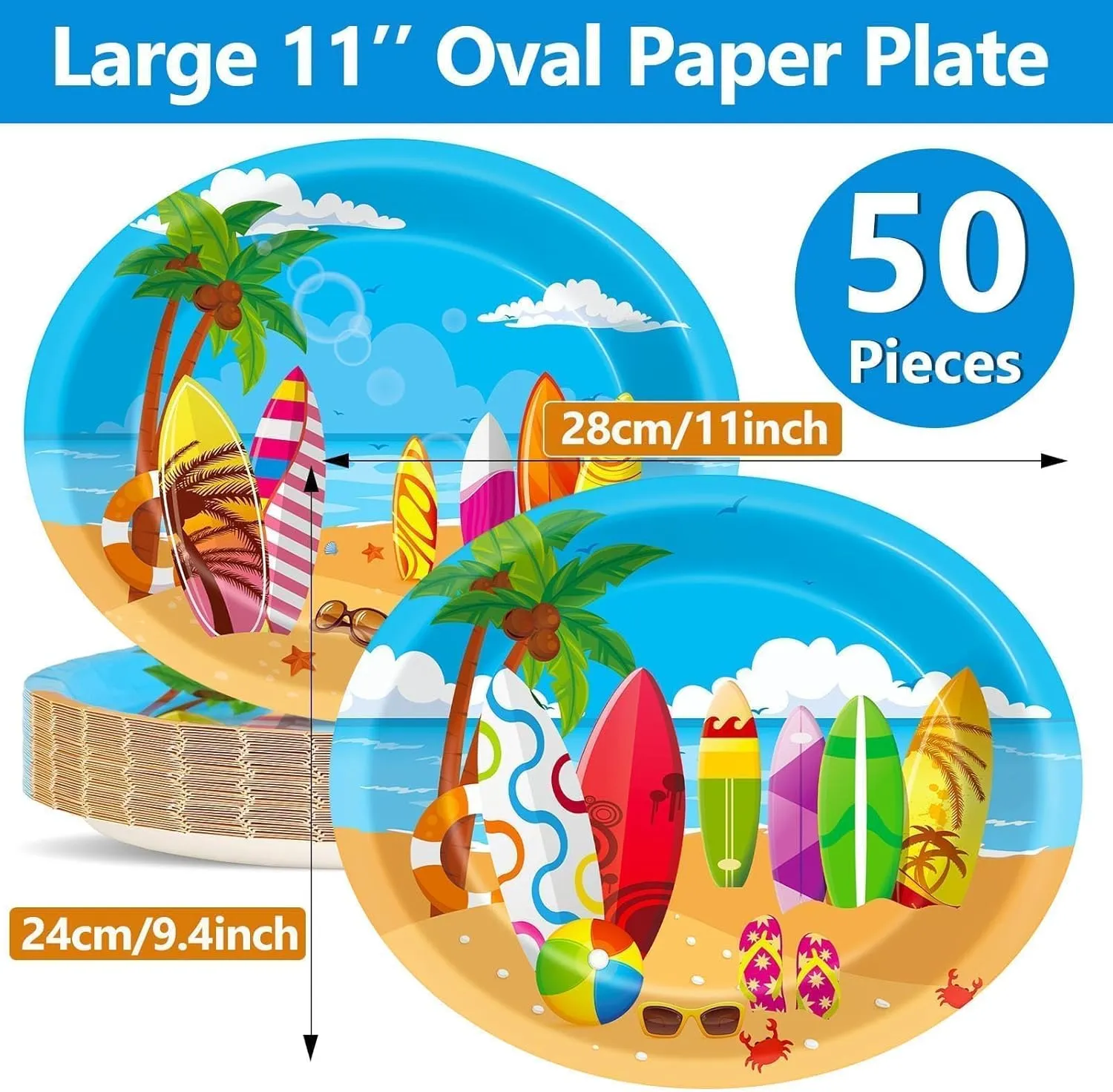 Qyeahkj 50 PCS Summer Surfing Oval Paper Plates Large 11” Disposable Beach Theme Party Decorations Pool Birthday Supplies Favor for Hawaiian Luau Tableware Set