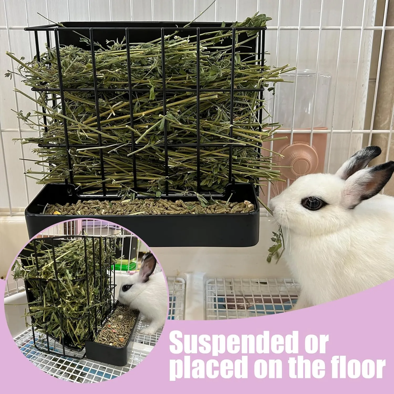 Rabbit Hay Holder Guinea Pig Hay Feeder with Hook Heavy-Duty Metal,Internal Sloping Design，Hay Feeder for Bunny,Rabbit，Chinchillas,Comes with Two Multifunctional Zippers