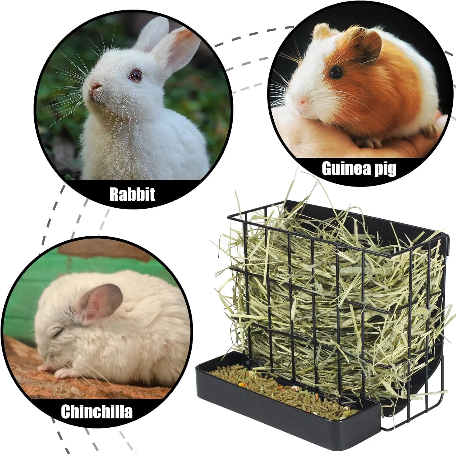 Rabbit Hay Holder Guinea Pig Hay Feeder with Hook Heavy-Duty Metal,Internal Sloping Design，Hay Feeder for Bunny,Rabbit，Chinchillas,Comes with Two Multifunctional Zippers