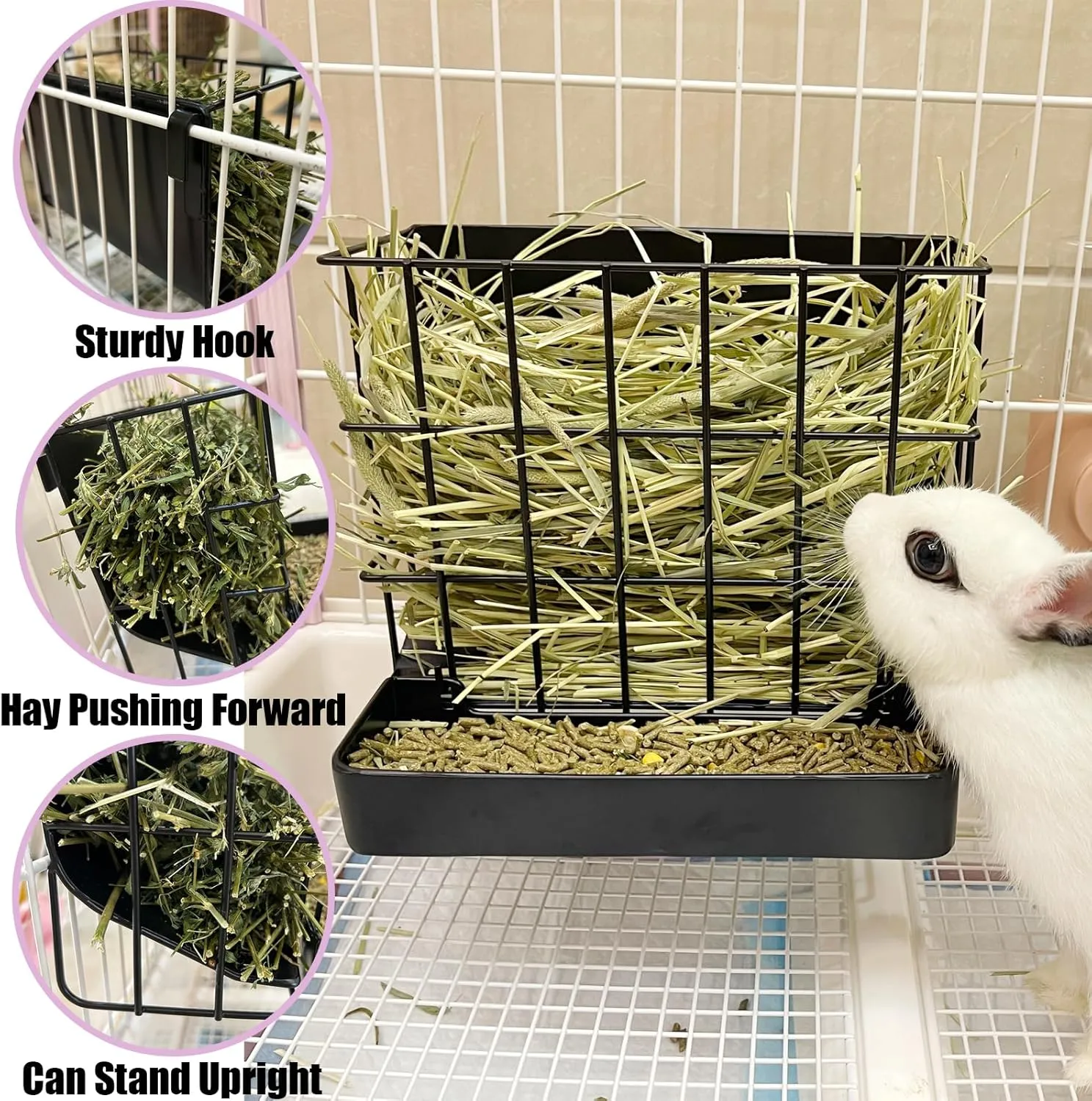 Rabbit Hay Holder Guinea Pig Hay Feeder with Hook Heavy-Duty Metal,Internal Sloping Design，Hay Feeder for Bunny,Rabbit，Chinchillas,Comes with Two Multifunctional Zippers