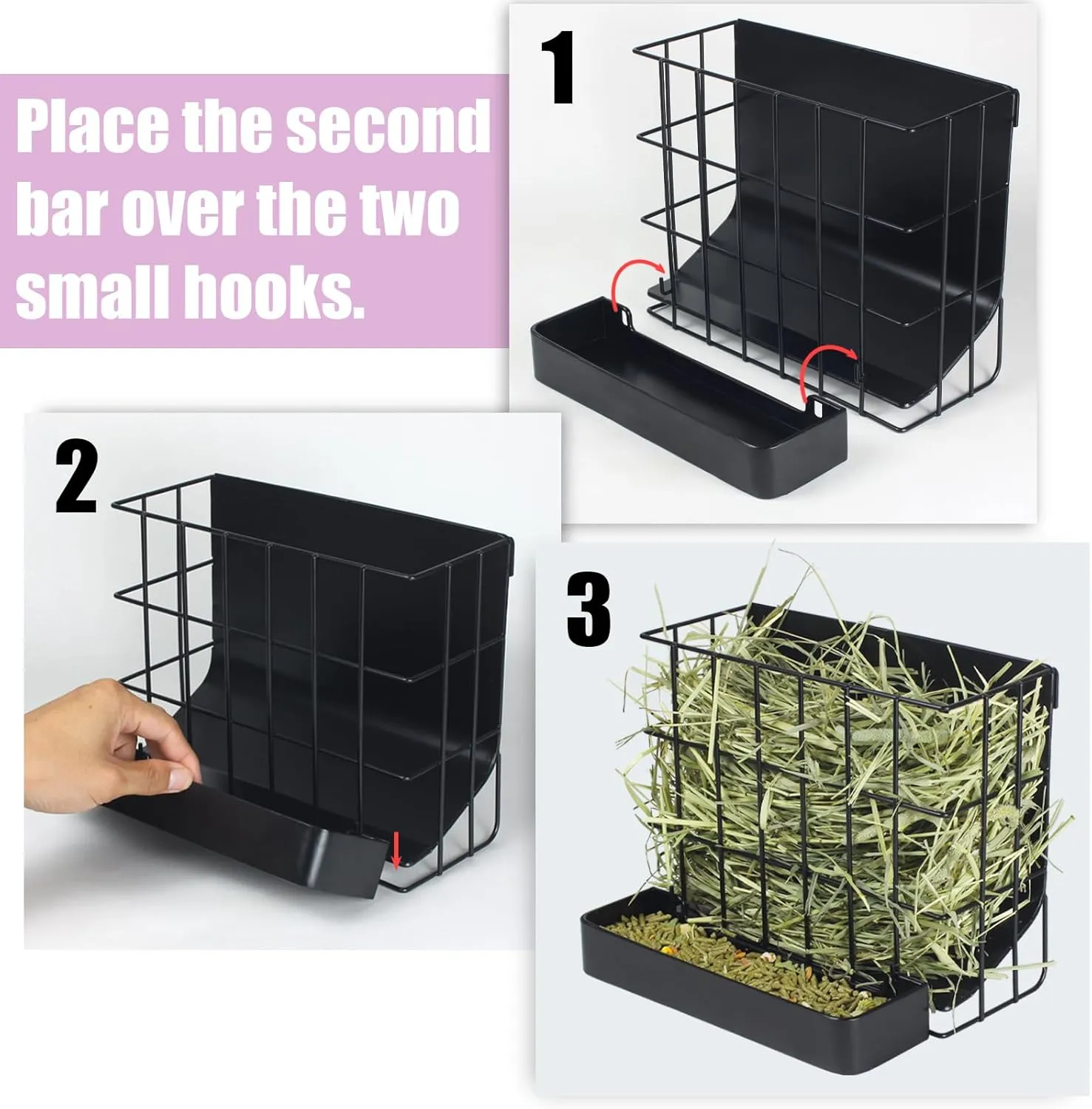 Rabbit Hay Holder Guinea Pig Hay Feeder with Hook Heavy-Duty Metal,Internal Sloping Design，Hay Feeder for Bunny,Rabbit，Chinchillas,Comes with Two Multifunctional Zippers