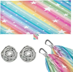 Rainbow Stars Stripes Camping Hammock, Single Portable Hammocks with Tree Straps & Attached Carry Bag, 330Lbs Capacity Perfect for Outside Indoor Hiking Beach Backpack Travel