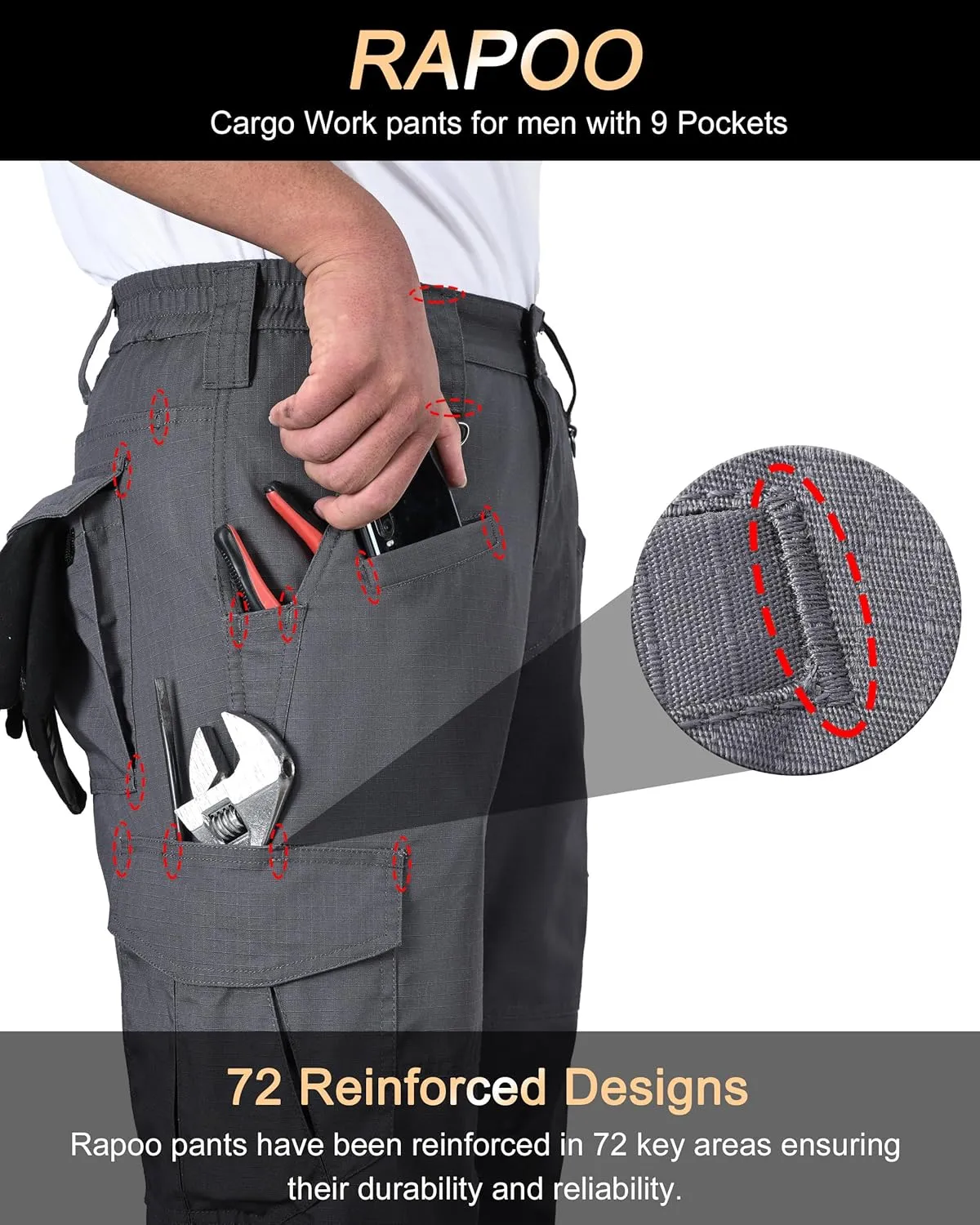Rapoo Ripstop Water Resistant Cargo Tactical Pants for Men EDC Hiking Work Military Army Pants with 9 Pockets