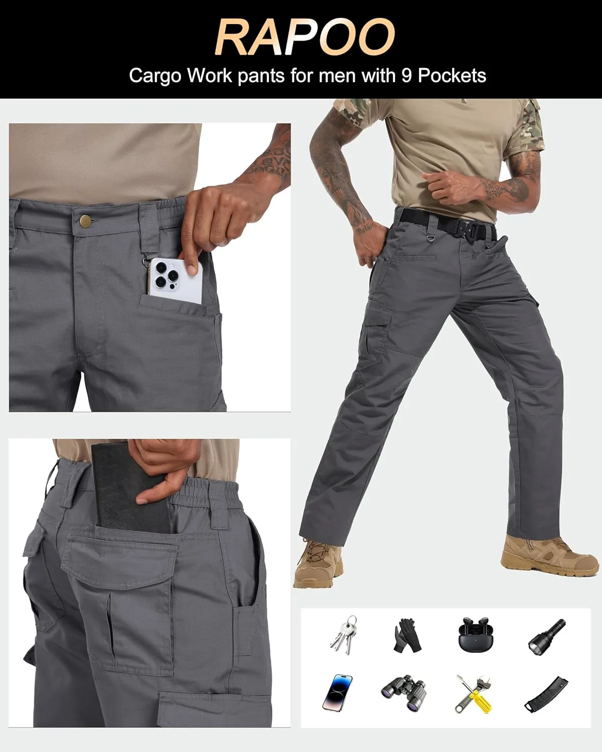 Rapoo Ripstop Water Resistant Cargo Tactical Pants for Men EDC Hiking Work Military Army Pants with 9 Pockets