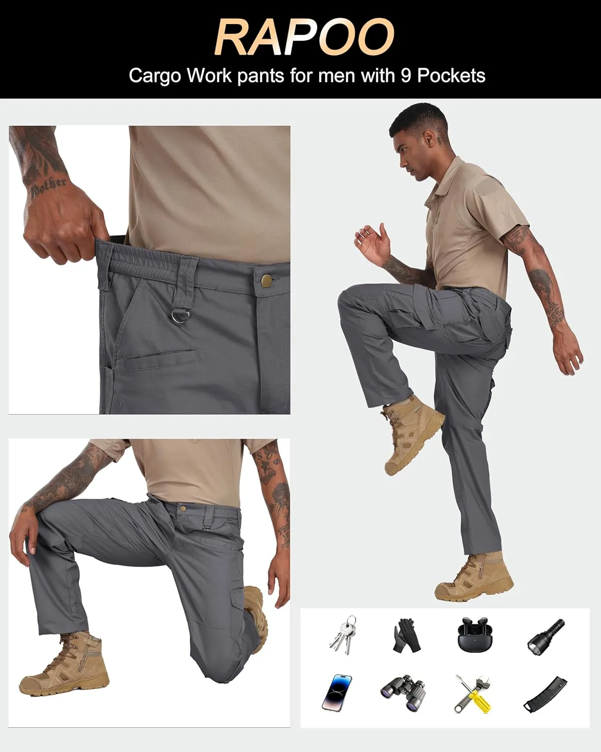 Rapoo Ripstop Water Resistant Cargo Tactical Pants for Men EDC Hiking Work Military Army Pants with 9 Pockets