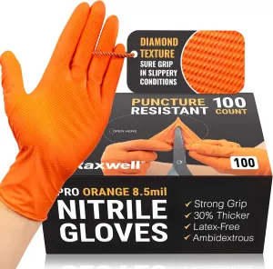Raxwell Orange Nitrile Gloves - 8.5 Mil Heavy Duty, Diamond Texture For Grip, Puncture Resistant, Latex-Free For Mechanics