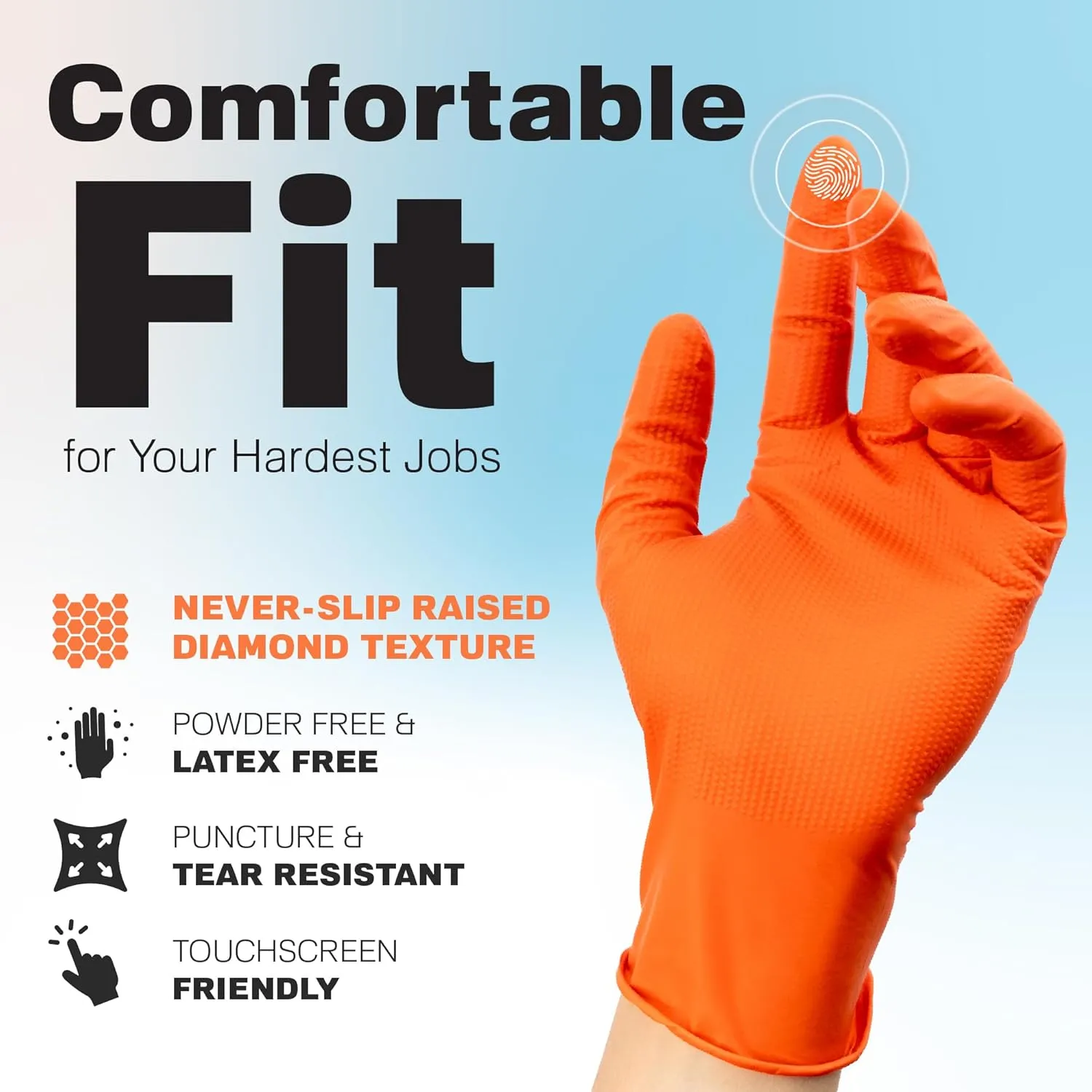 Raxwell Orange Nitrile Gloves - 8.5 Mil Heavy Duty, Diamond Texture For Grip, Puncture Resistant, Latex-Free For Mechanics