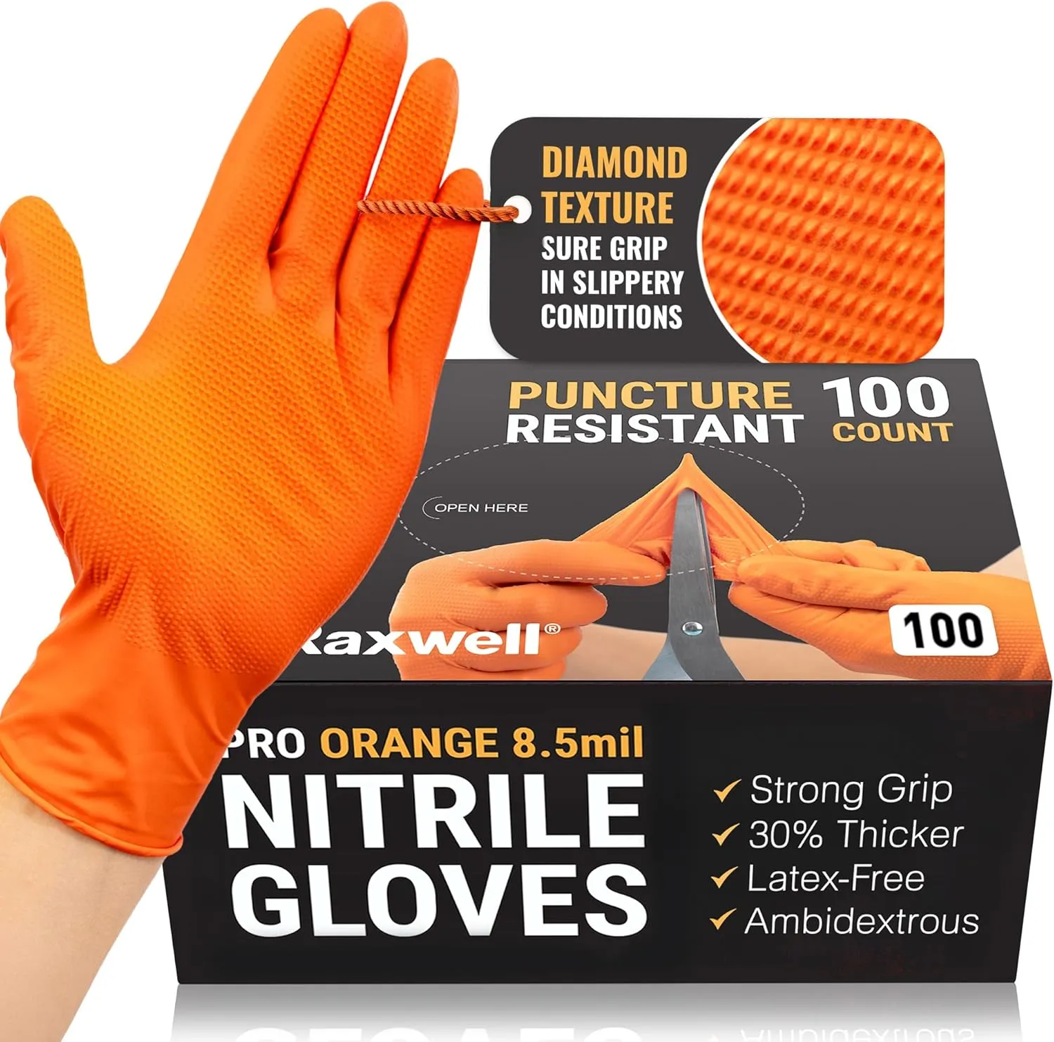 Raxwell Orange Nitrile Gloves - 8.5 Mil Heavy Duty, Diamond Texture For Grip, Puncture Resistant, Latex-Free For Mechanics