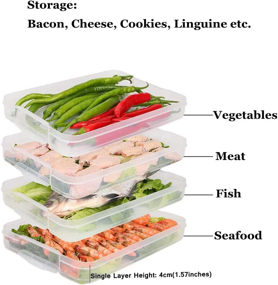 Refrigerator Organizer Bins, Plastic Food Storage Containers with Lids, 3-Layer, BPA free, Stackable Food Organizer Keeper for Snack, Vegetables, Meat, Fish (Transparent)