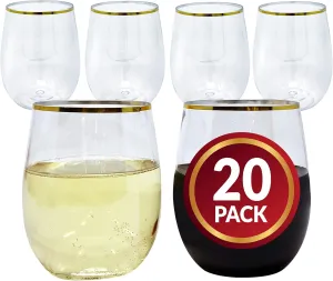 Reli. 12oz. Disposable Wine Glasses Gold-Rim (20 Pack) Stemless Crystal Clear | Reusable & Recyclable BPA-Free Food-Grade Plastic | Shatterproof Party Cups for Juices, Cocktails, Whiskey Any Occasion