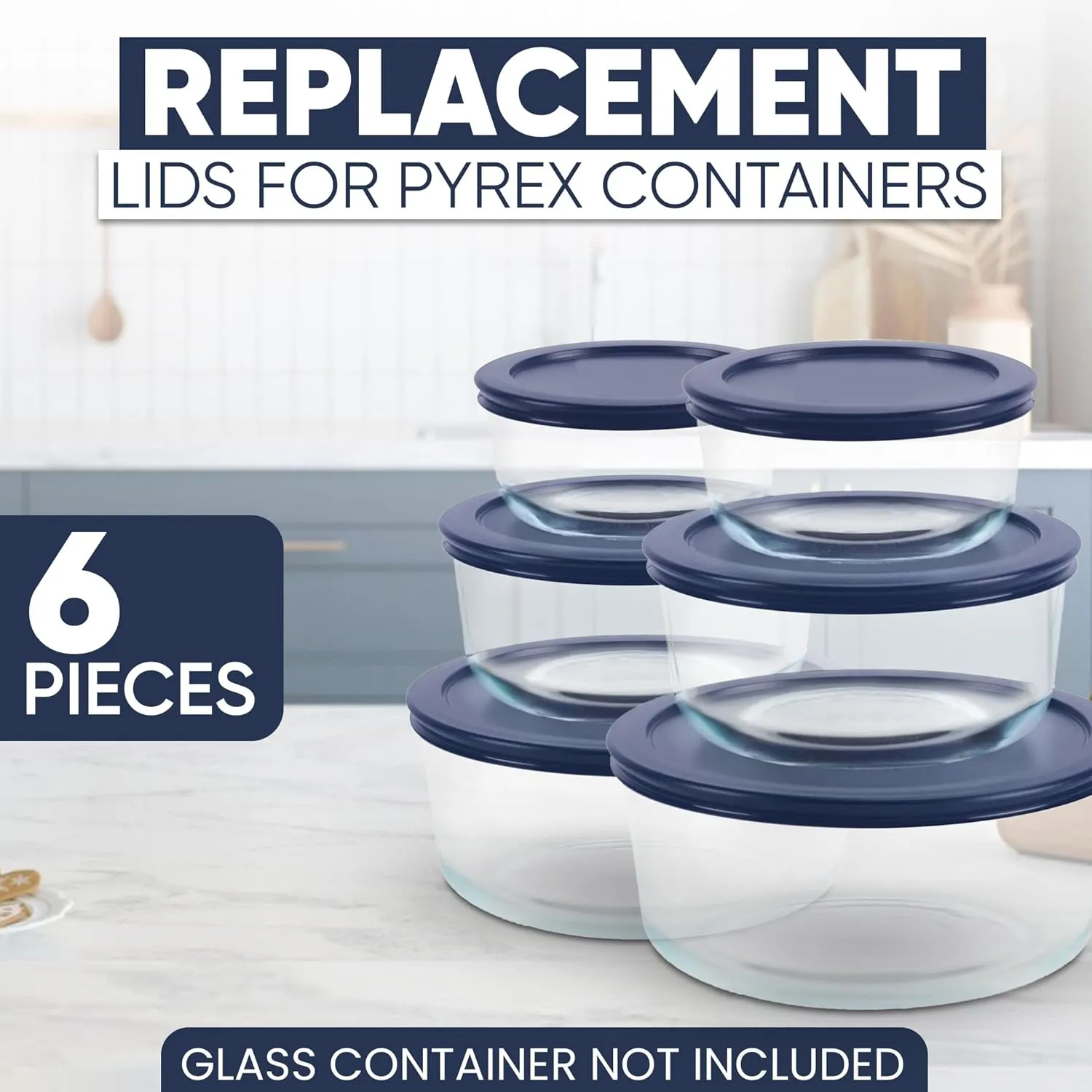 Replacement Lids for Pyrex Containers Round Glass Food Plastic (2) 2-Cup (2) 4-Cup (2) 7-Cup (Navy)