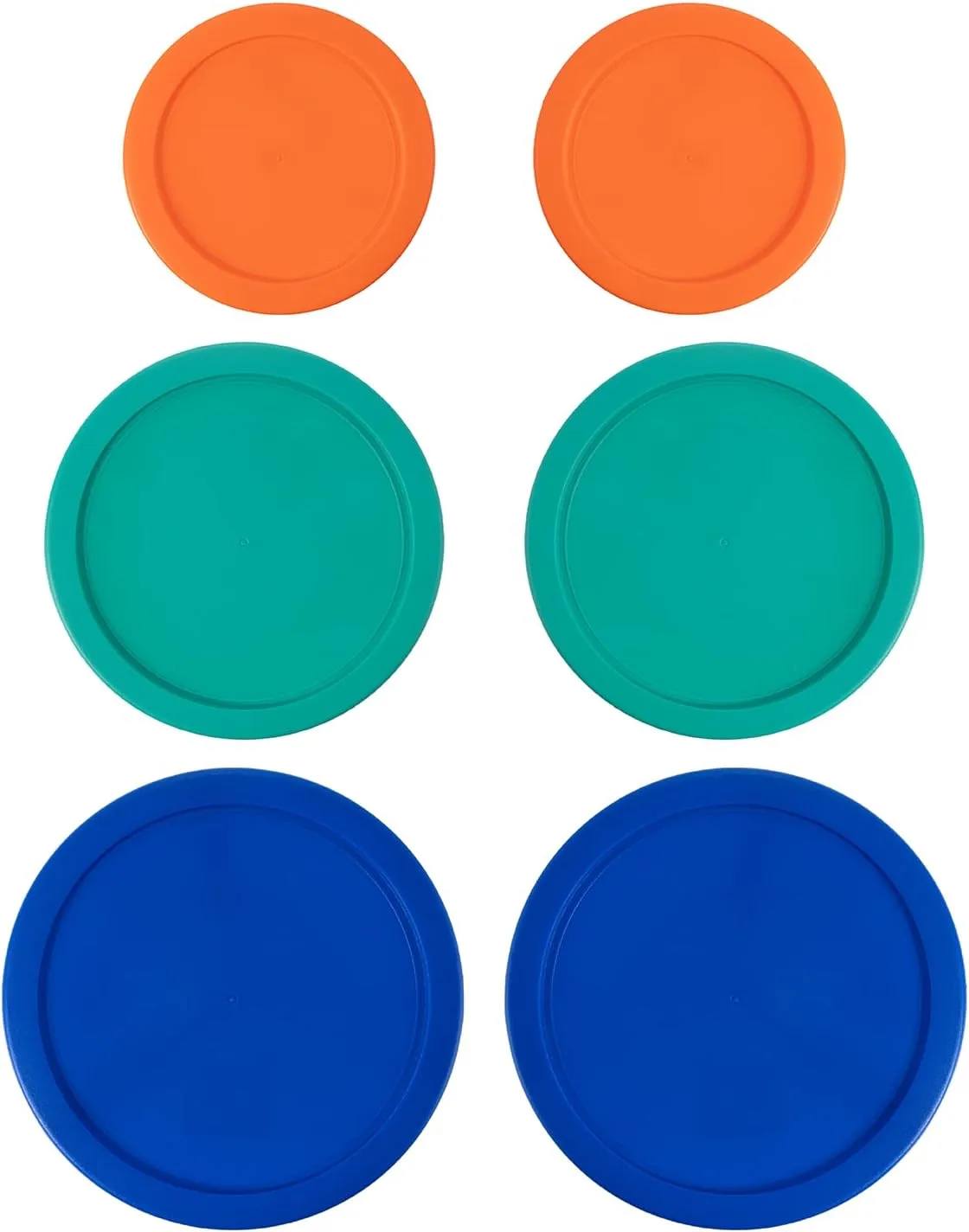 Replacement Lids for Pyrex Containers Round Glass Food Plastic - (2) 2-Cup Orange, (2) 4-Cup Teal, (2) 7-Cup Blue - BPA-Free, Dishwasher & Microwave Safe