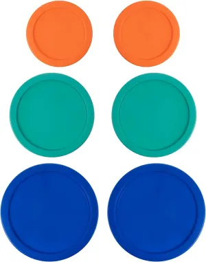 Replacement Lids for Pyrex Containers Round Glass Food Plastic - (2) 2-Cup Orange, (2) 4-Cup Teal, (2) 7-Cup Blue - BPA-Free, Dishwasher & Microwave Safe