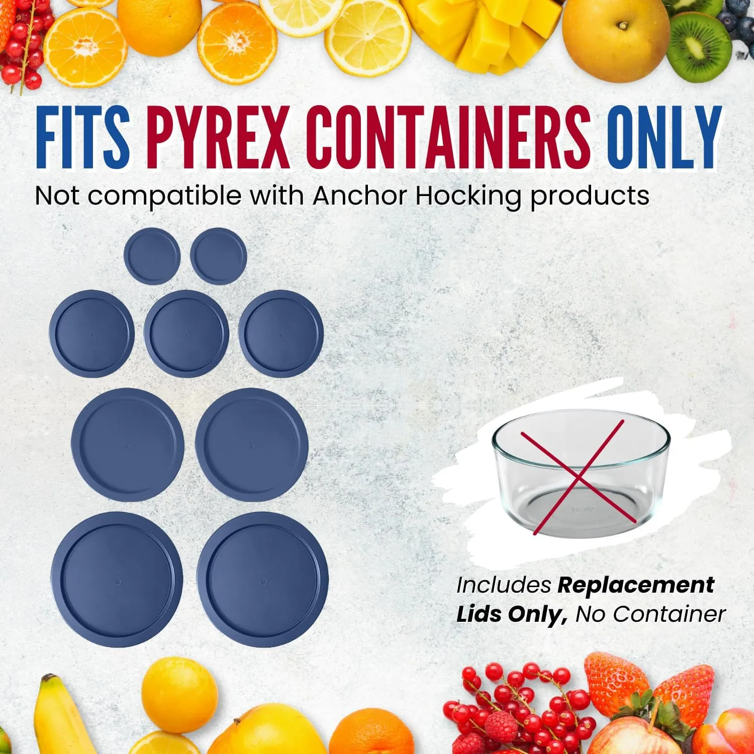 Replacement Lids for Pyrex Glass Foood Storage Containers Containers Round (2) 1-Cup (3) 2-Cup (2) 4-Cup (2) 7-Cup (Blue)