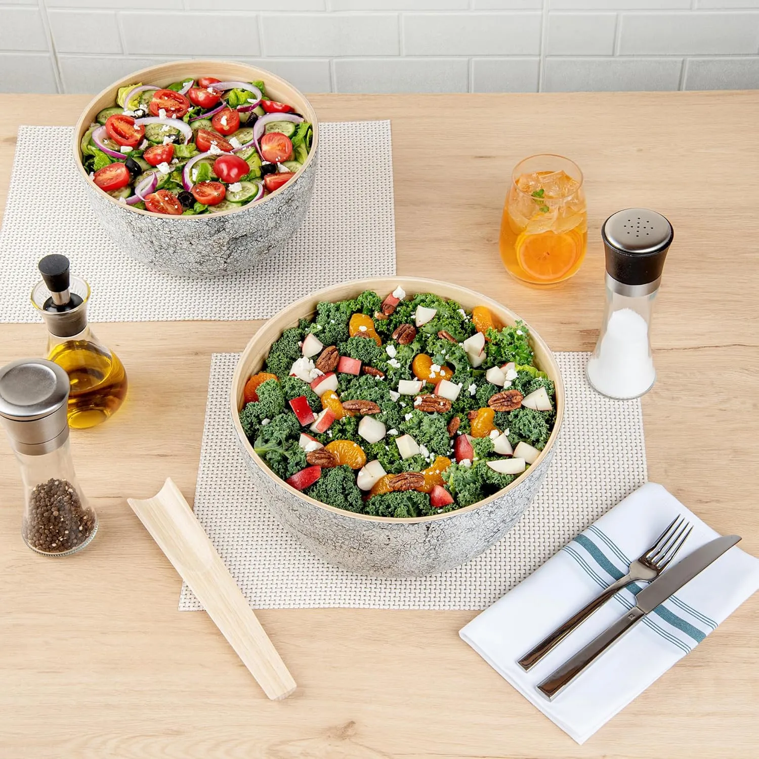 Restaurantware-Bambuddha 30 Ounce Large Salad Bowl, 1 Heavy-duty Round Salad Bowl - Sustainable, Reusable, Gray Bamboo Serving Bowl, Eggshell Print, For Serving Salads, Fruits, And Appetizers