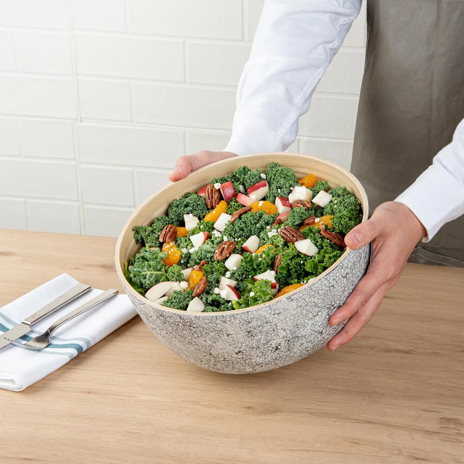 Restaurantware-Bambuddha 30 Ounce Large Salad Bowl, 1 Heavy-duty Round Salad Bowl - Sustainable, Reusable, Gray Bamboo Serving Bowl, Eggshell Print, For Serving Salads, Fruits, And Appetizers