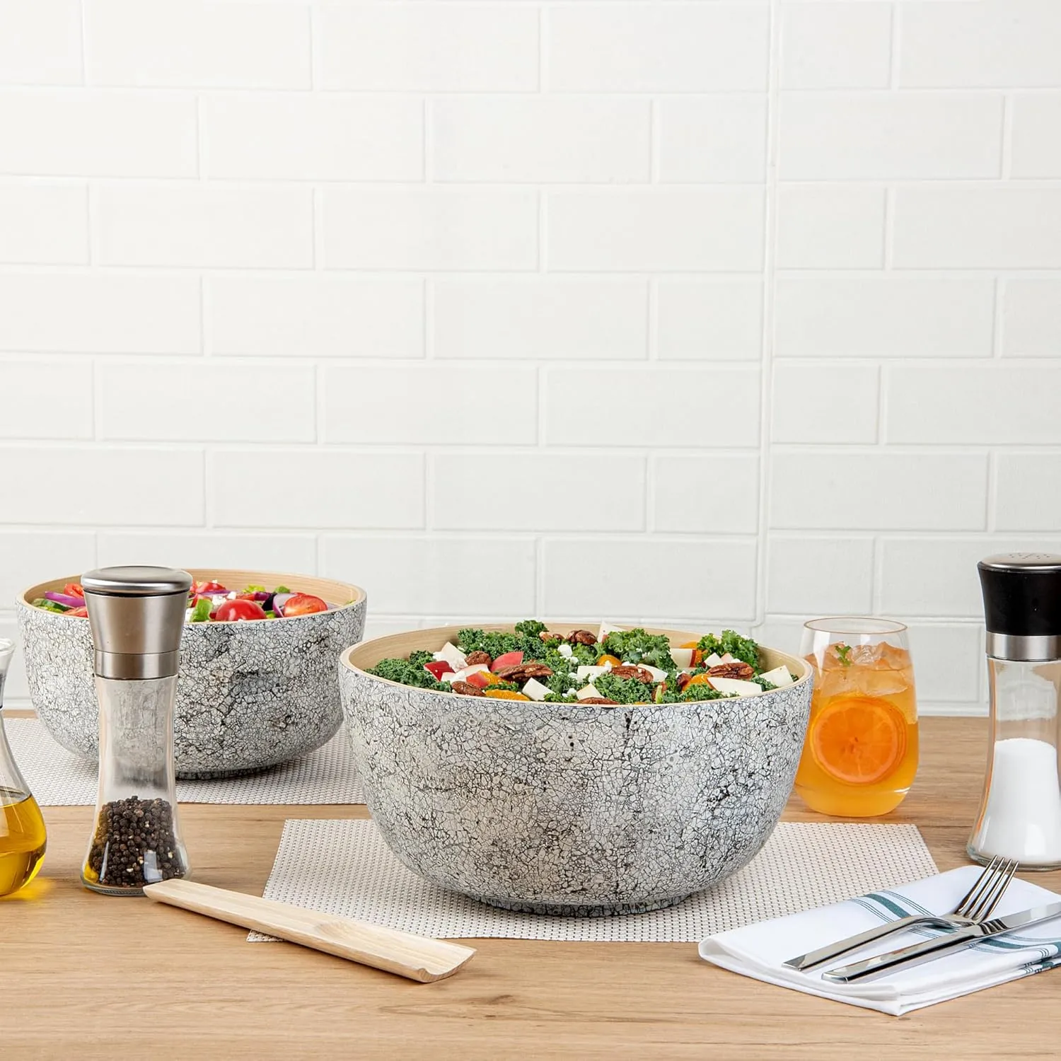 Restaurantware-Bambuddha 30 Ounce Large Salad Bowl, 1 Heavy-duty Round Salad Bowl - Sustainable, Reusable, Gray Bamboo Serving Bowl, Eggshell Print, For Serving Salads, Fruits, And Appetizers