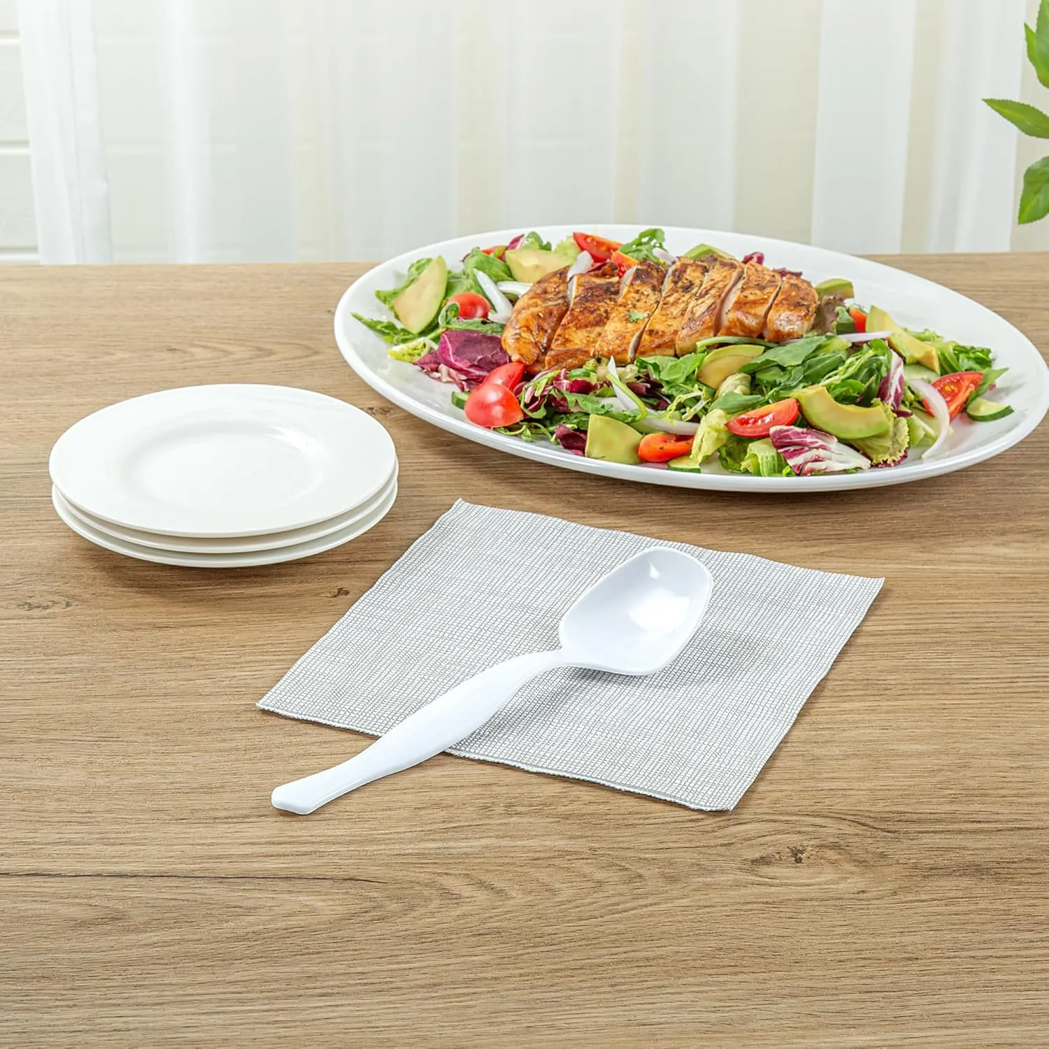 Restaurantware-Cater Tek 8 Inch Serving Spoons, 100 Disposable Spoons For Catering - Ergonomic Handle, Heavy-Duty, White Plastic Food Spoons, Elegant, For Weddings, Buffets, Or Catering Events