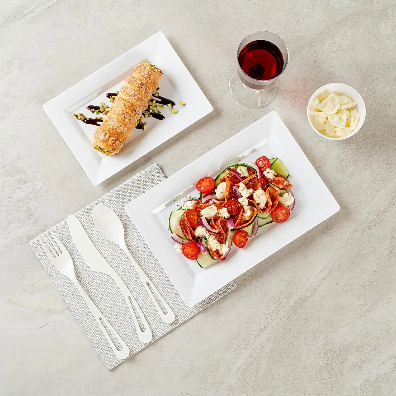 Restaurantware Moderna 9.5 x 6.3 Inch Premium Disposable Plates 100 Rectangular Plastic Plates For Parties - Durable Heavy-duty White Plastic Dinner Plates For Warm And Cold Foods