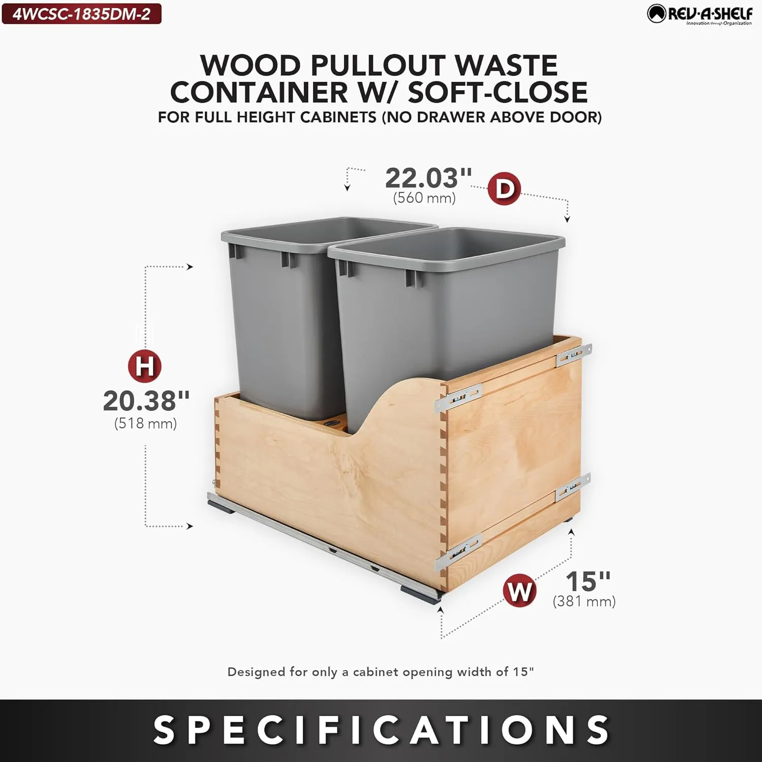 Rev-A-Shelf Pullout Trash Cans for Kitchen Cabinet w/Soft-Close, Dual 35 QT Gray Bins, 15"
