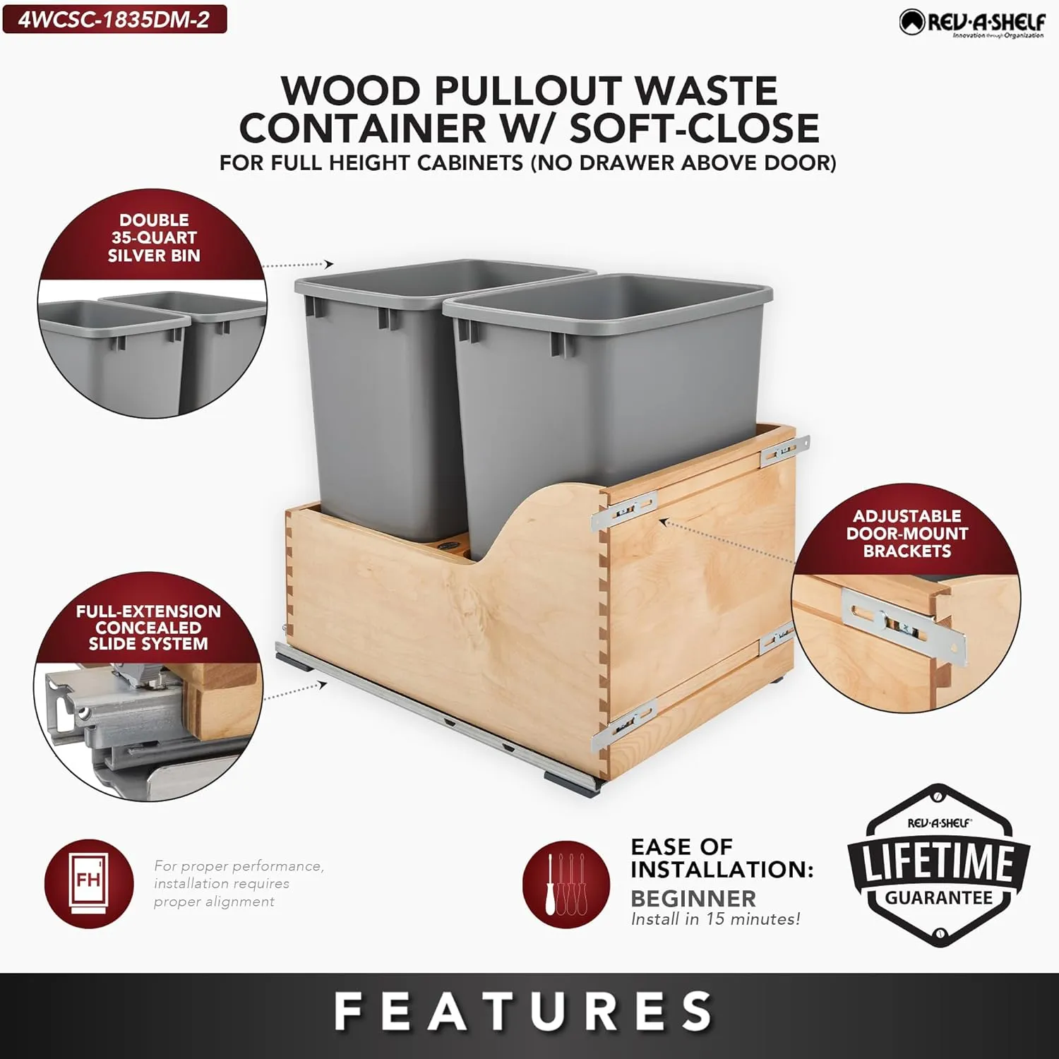 Rev-A-Shelf Pullout Trash Cans for Kitchen Cabinet w/Soft-Close, Dual 35 QT Gray Bins, 15"