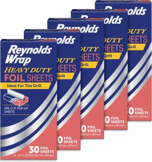Reynolds Wrap Pre-Cut Pop-Up Heavy Duty Aluminum Foil Sheets, 14 x 10.25 Inches, 30 Sheets (Pack of 5), 150 Total