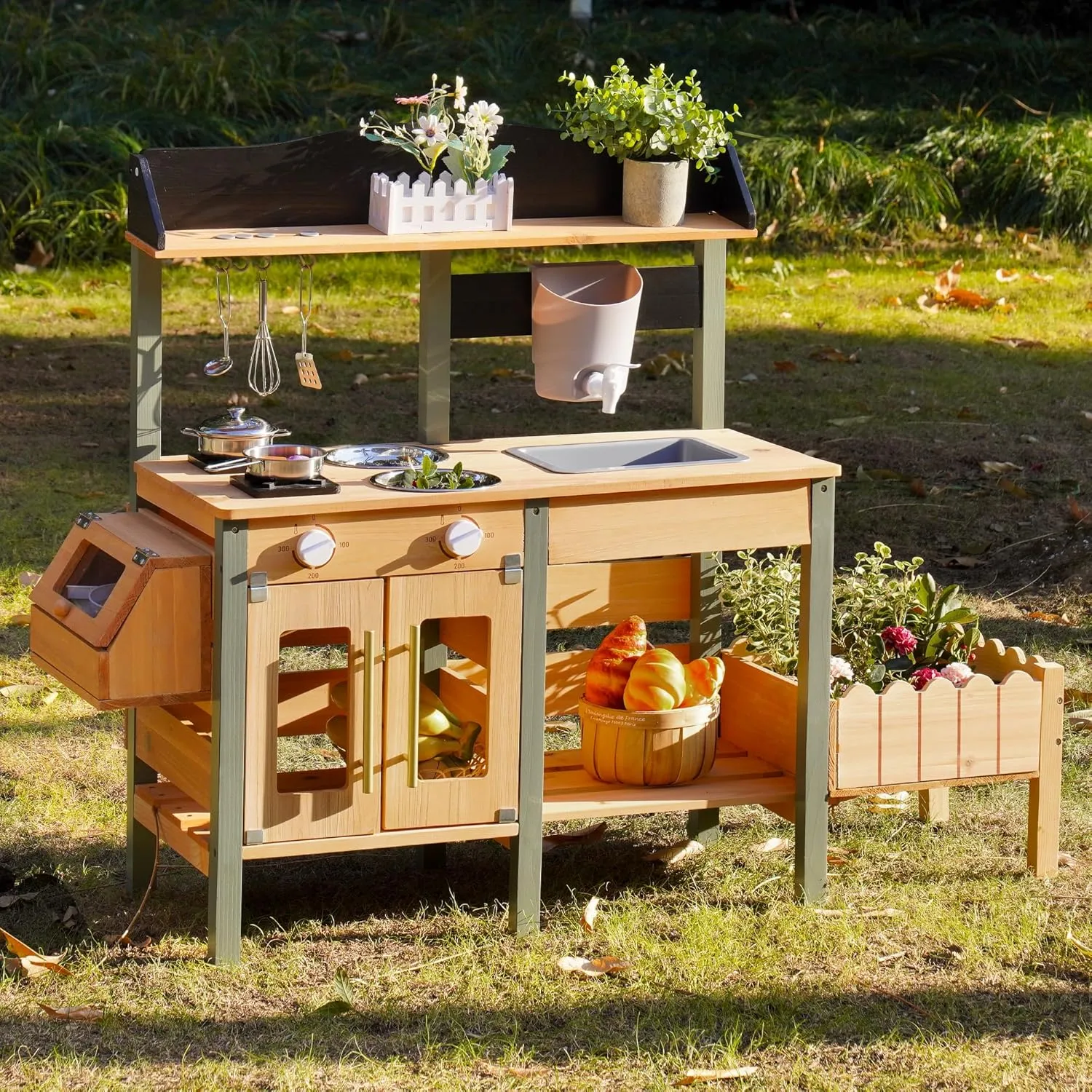 ROBOTIME Mud Kitchen for Kids Outdoor, Wood Outdoor Kitchen with Insect Observation Box & Planter Box, Toddler Play Kitchen with Removable Sink & Faucet, Pretend Outdoor Playset for Garden Fun