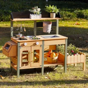 ROBOTIME Mud Kitchen for Kids Outdoor, Wood Outdoor Kitchen with Insect Observation Box & Planter Box, Toddler Play Kitchen with Removable Sink & Faucet, Pretend Outdoor Playset for Garden Fun