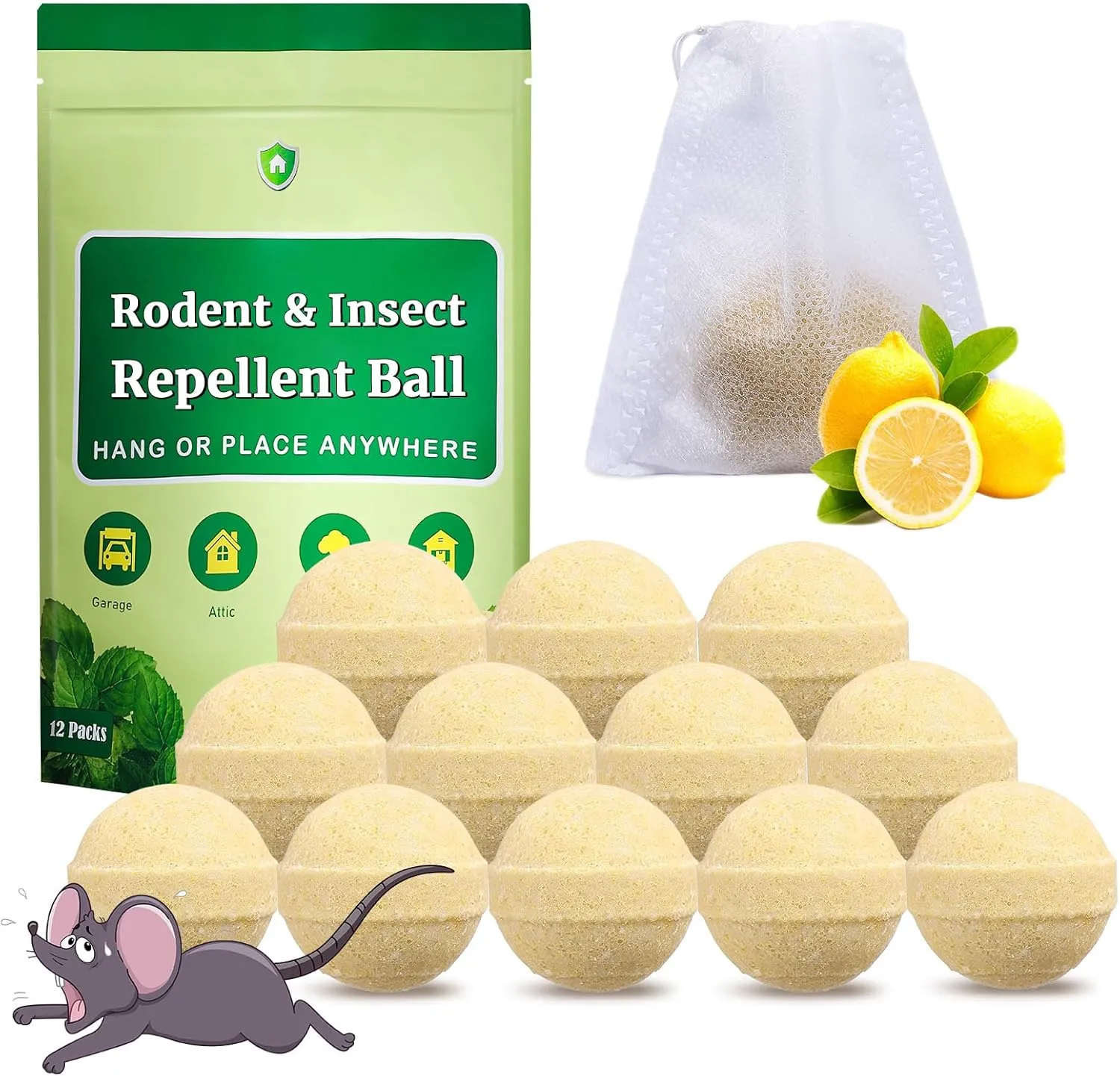 Rodent and Insect Repellent Balls, Squirrel Rat Repellent for Outdoor and Indoor, Peppermint to Repel Mice and Rats, Rodent and Mouse Deterrent for House, Garden, Attic, 12 Packs