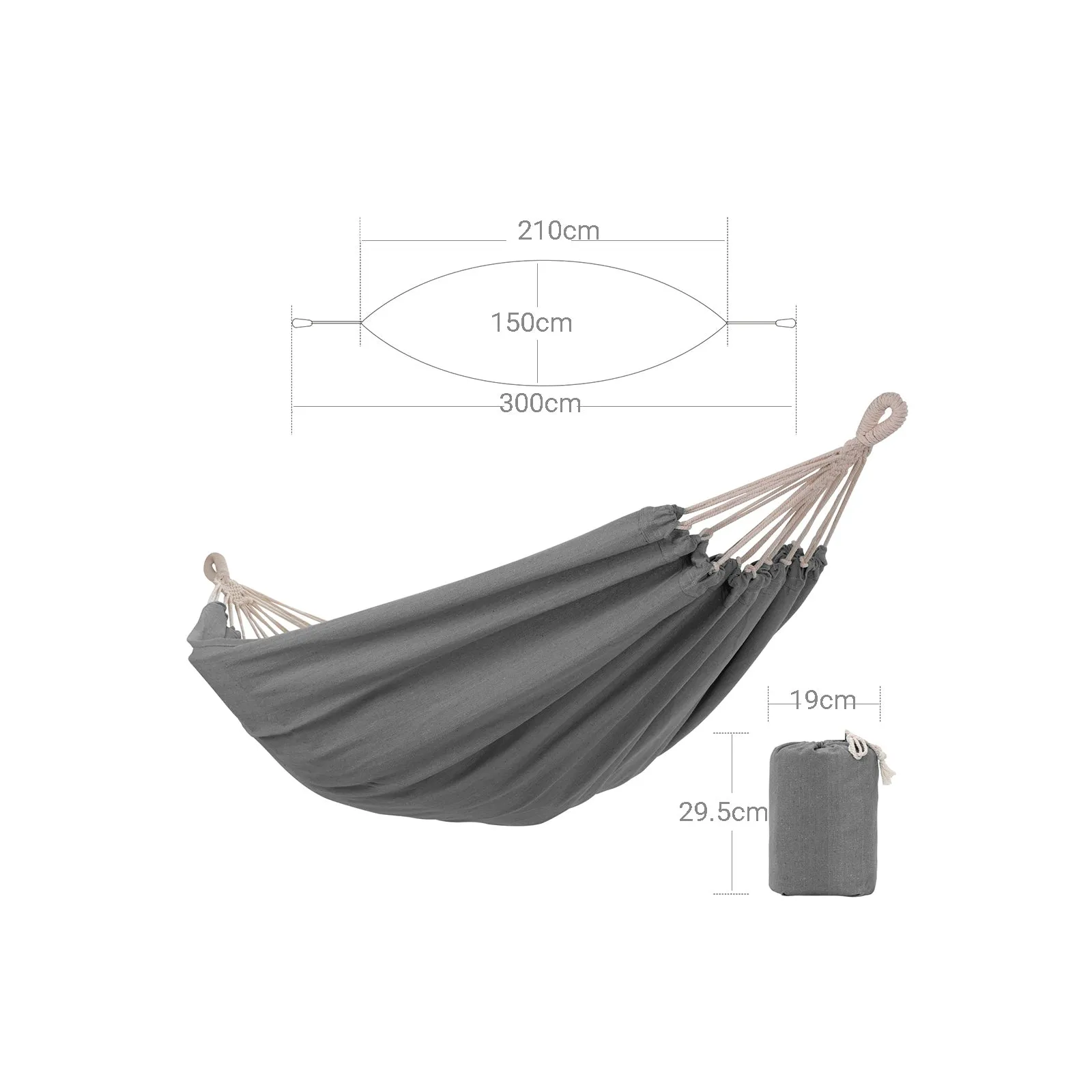 Rootz Hammock - Gray Cotton Polyester Hammock - Portable Bed - Lightweight - Compact - 210cm x 150cm - 2.34kg - 300kg Capacity