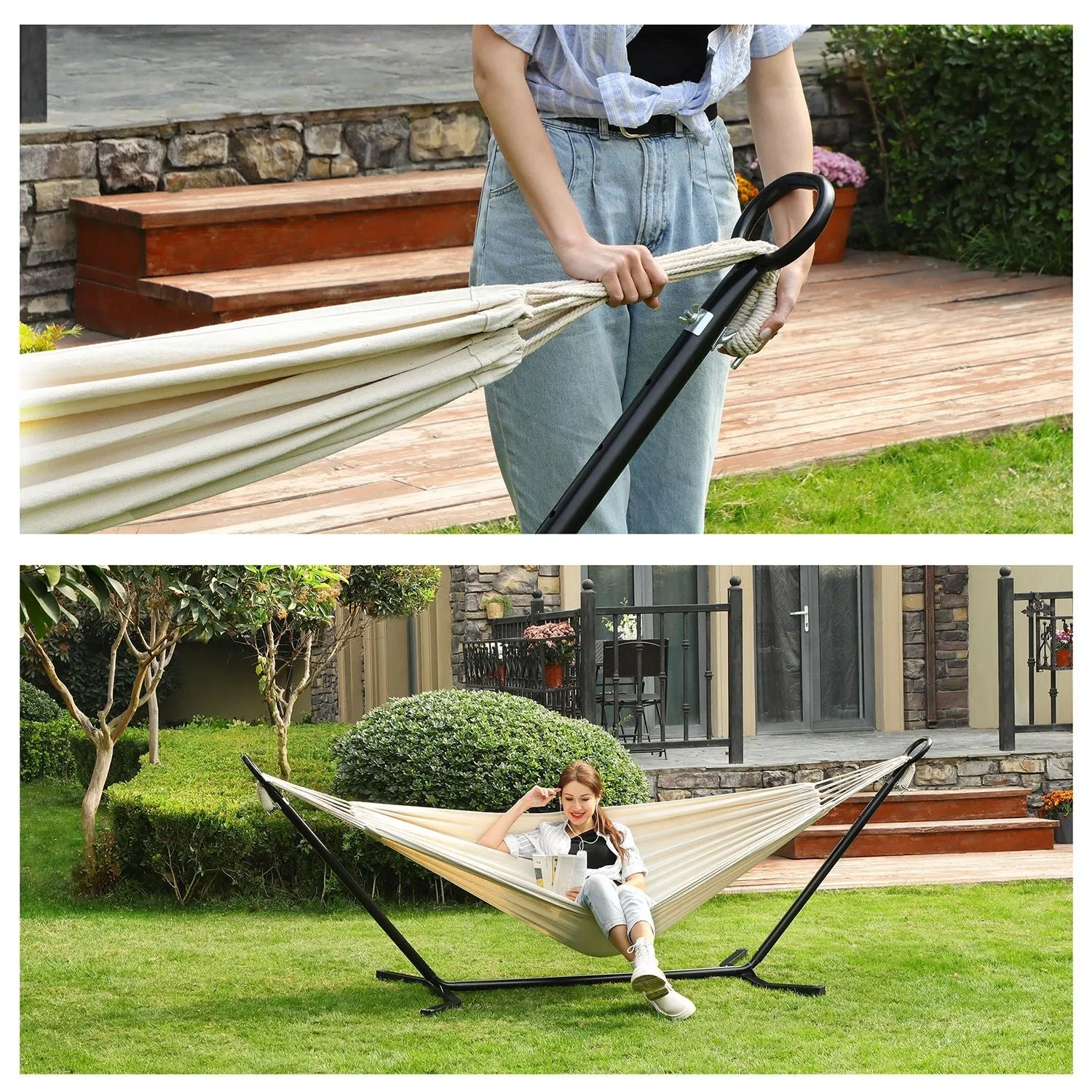 Rootz Hammock Set with Stand - Outdoor Hammock - Cotton-Polyester Fabric - Breathable Comfort - Stable Metal Frame - 300cm x 90cm x 95cm