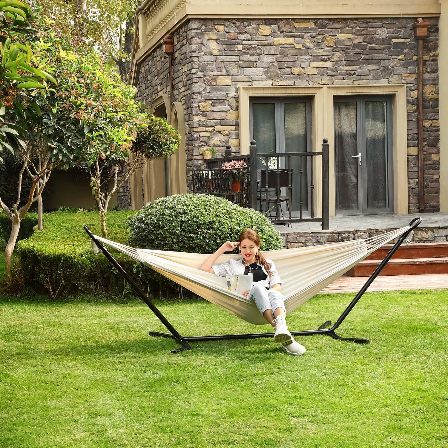 Rootz Hammock Set with Stand - Outdoor Hammock - Cotton-Polyester Fabric - Breathable Comfort - Stable Metal Frame - 300cm x 90cm x 95cm