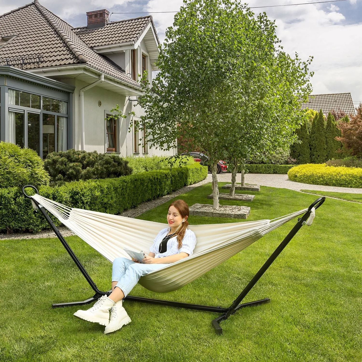 Rootz Hammock Set with Stand - Outdoor Hammock - Cotton-Polyester Fabric - Breathable Comfort - Stable Metal Frame - 300cm x 90cm x 95cm