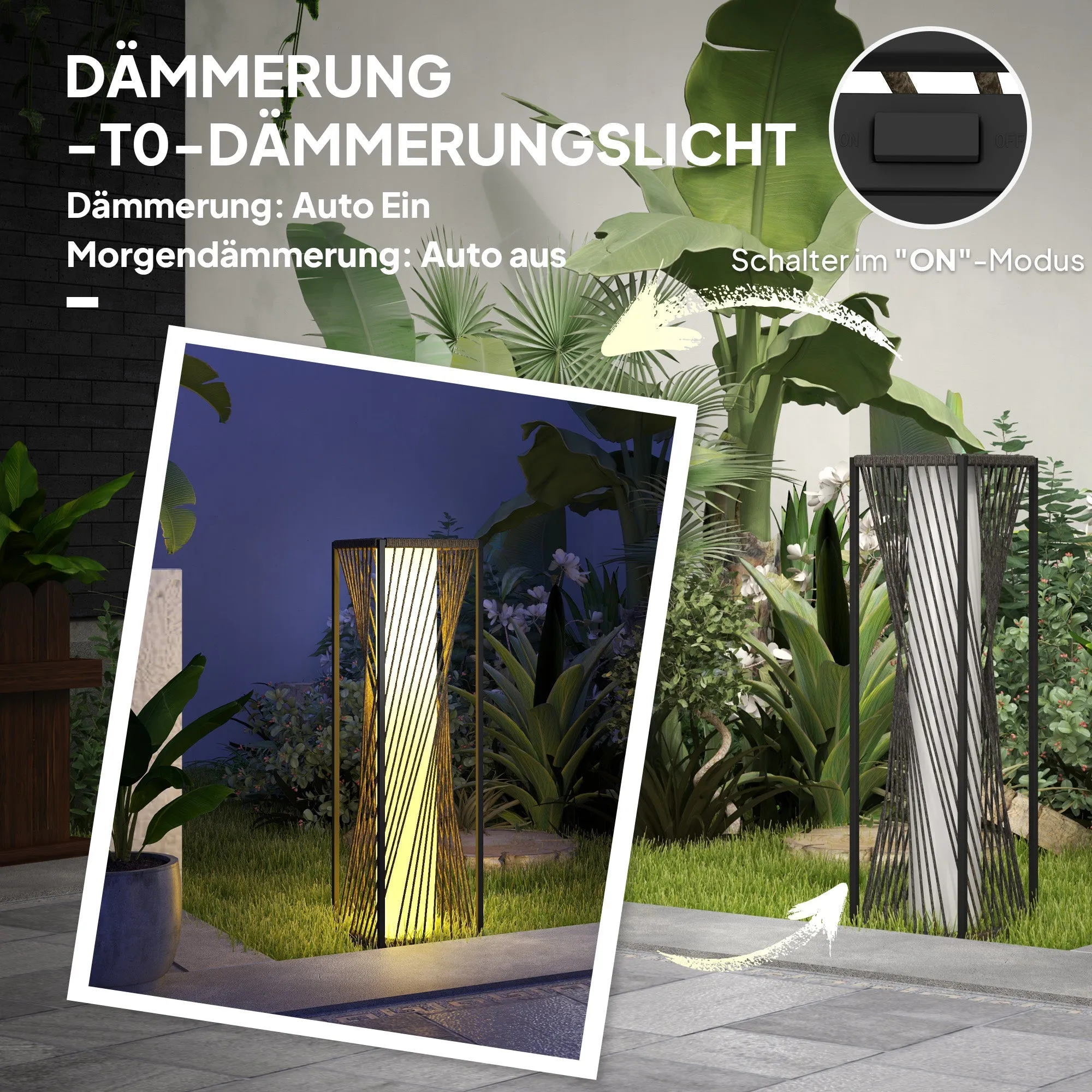 Rootz Solar Floor Lamp - Boho-Style Outdoor Lantern - Rattan Garden Light - Auto On/Off - 22x22x77cm - IP44 Waterproof