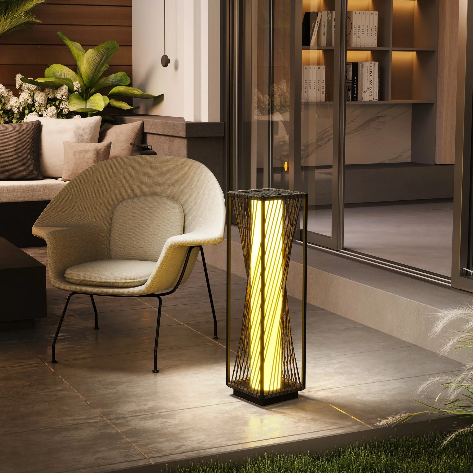 Rootz Solar Floor Lamp - Boho-Style Outdoor Lantern - Rattan Garden Light - Auto On/Off - 22x22x77cm - IP44 Waterproof